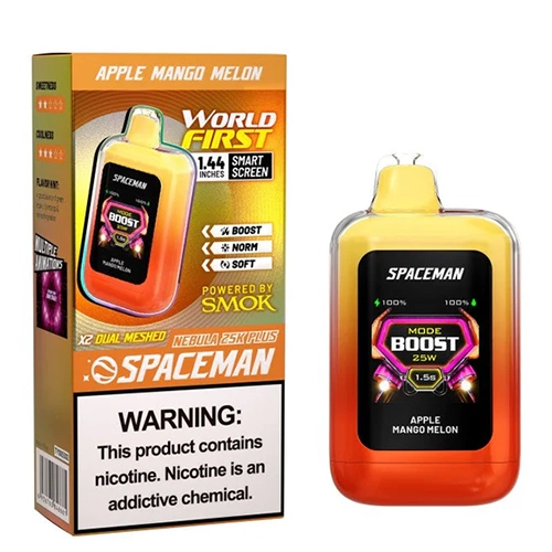 SPACEMAN-APPLE-MANGO-MELON.webp پاد یکبار مصرف 25000 پاف اسپیس من طعم سیب انبه طالبی - تصویر 1